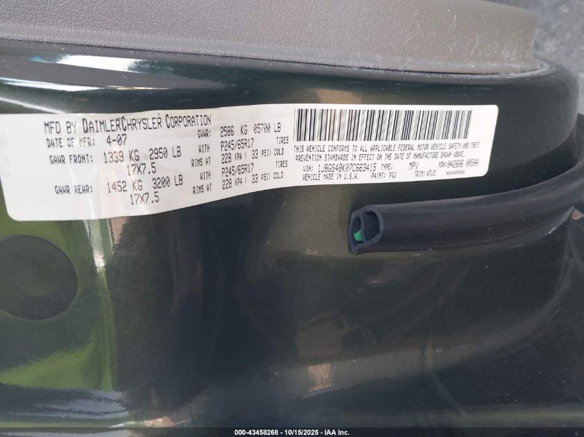 2007 Jeep Grand Cherokee Laredo VIN: 1J8GS48K07C663415 Lot: 43458268