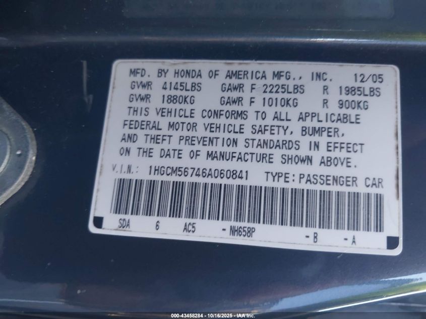 2006 Honda Accord 2.4 Ex VIN: 1HGCM56746A060841 Lot: 43458284