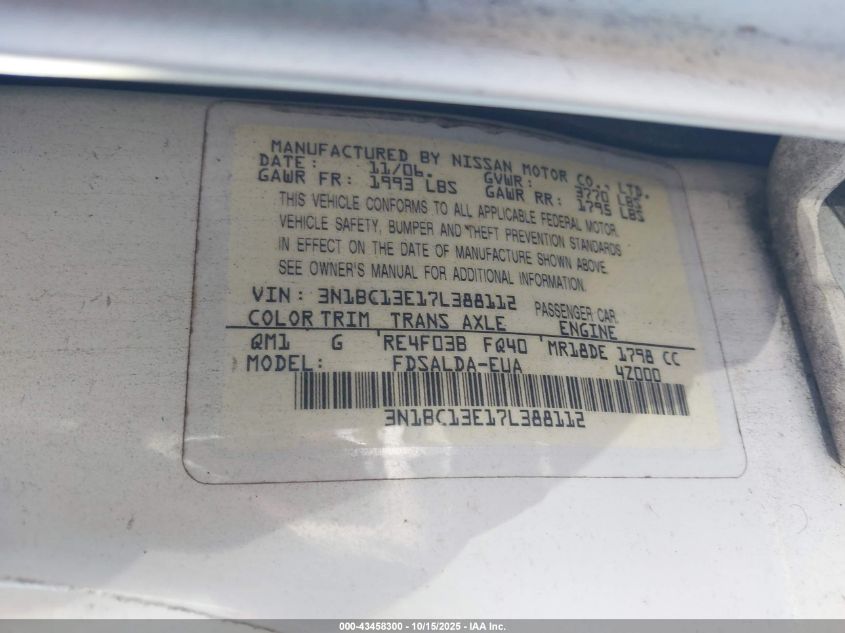 2007 Nissan Versa 1.8S VIN: 3N1BC13E17L388112 Lot: 43458300