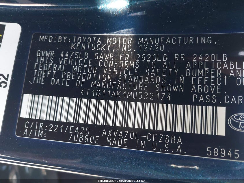 2021 TOYOTA CAMRY SE 4T1G11AK1MU532174
