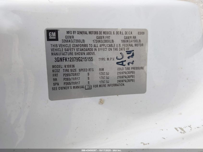 2009 Chevrolet Avalanche 1500 Ls VIN: 3GNFK12079G215155 Lot: 43458397