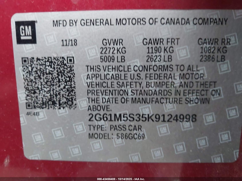 2019 CADILLAC XTS LUXURY 2G61M5S35K9124998