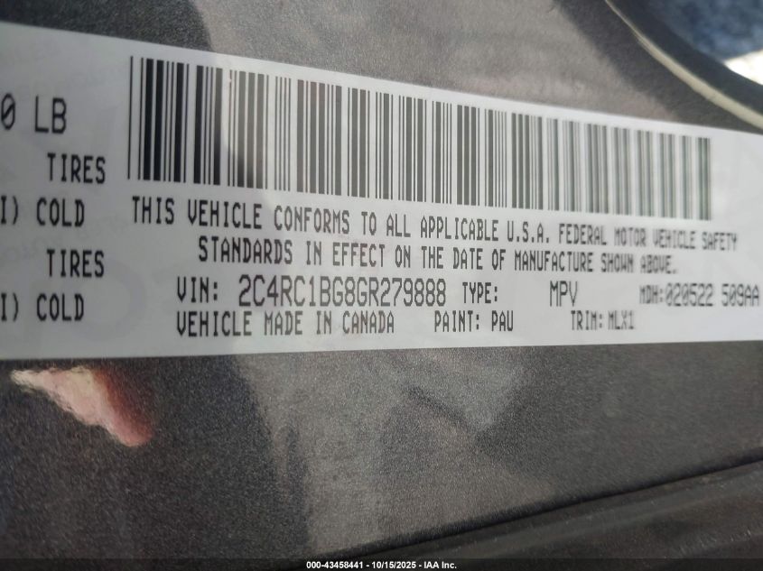 2016 Chrysler Town & Country Touring VIN: 2C4RC1BG8GR279888 Lot: 43458441