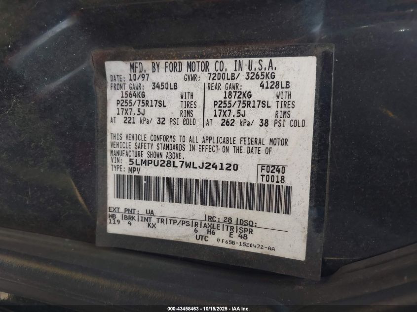 1998 Lincoln Navigator VIN: 5LMPU28L7WLJ24120 Lot: 43458463