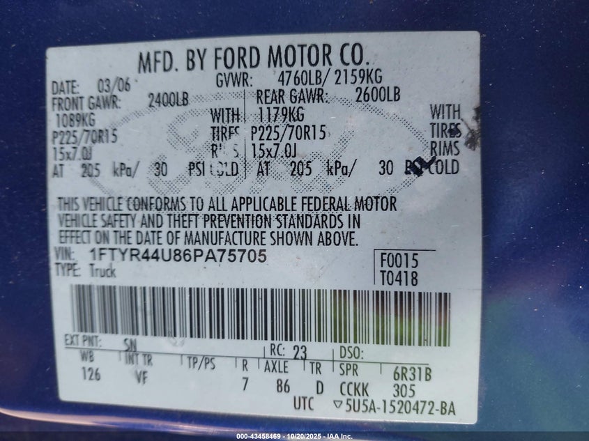 2006 Ford Ranger Sport/Stx/Xlt VIN: 1FTYR44U86PA75705 Lot: 43458469