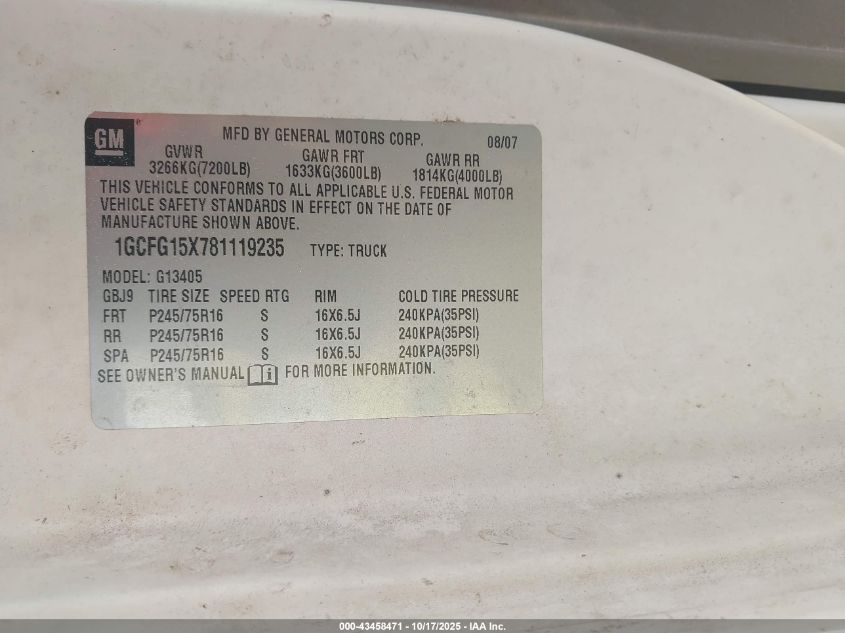 2008 Chevrolet Express Work Van VIN: 1GCFG15X781119235 Lot: 43458471