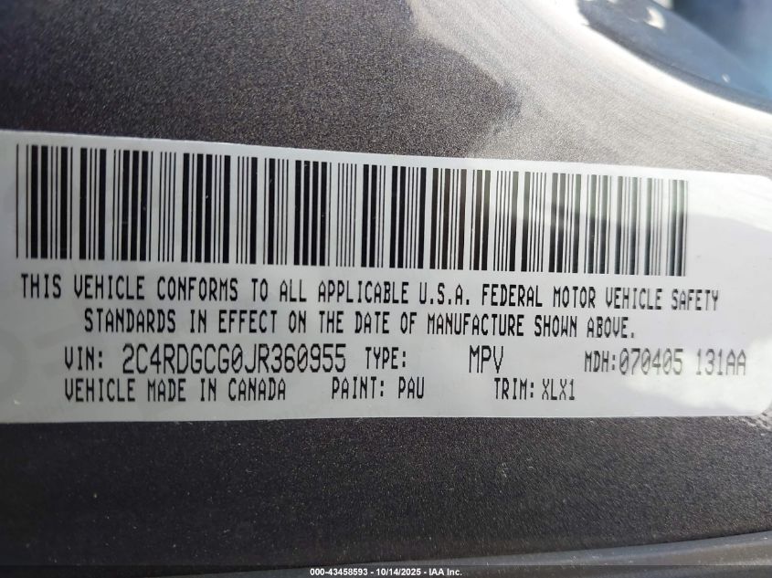 2018 Dodge Grand Caravan Sxt VIN: 2C4RDGCG0JR360955 Lot: 43458593