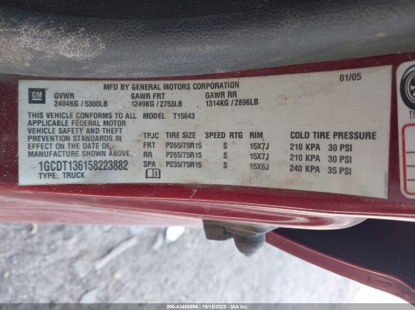 2005 Chevrolet Colorado Ls VIN: 1GCDT136158223882 Lot: 43458594