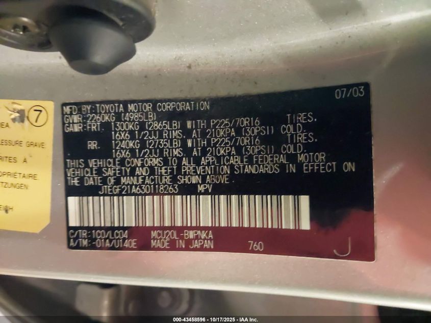 2003 Toyota Highlander Limited V6 VIN: JTEGF21A630118263 Lot: 43458596