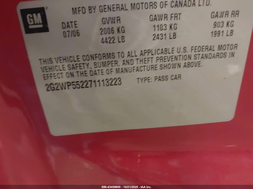 2007 Pontiac Grand Prix VIN: 2G2WP552271113223 Lot: 43458600