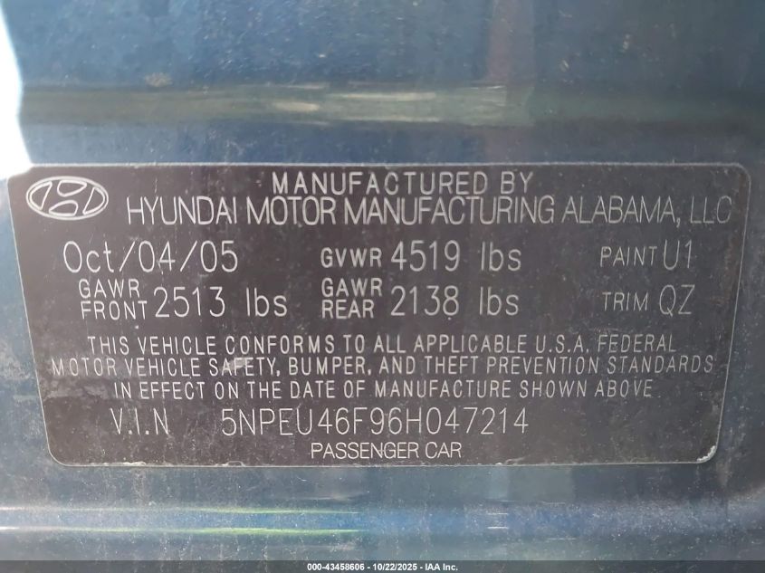2006 Hyundai Sonata Gls V6/Lx V6 VIN: 5NPEU46F96H047214 Lot: 43458606