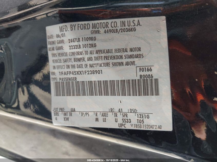 2001 Ford Mustang Gt VIN: 1FAFP45XX1F238901 Lot: 43458614