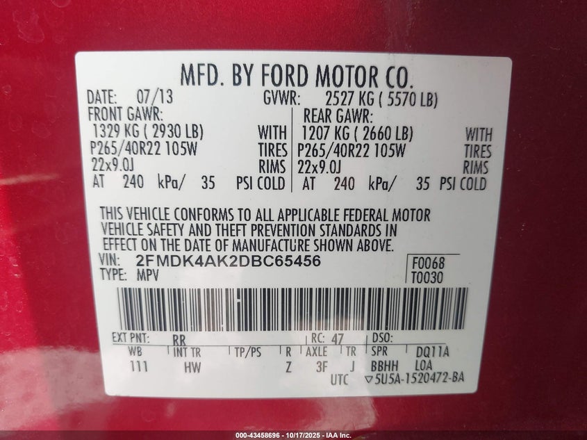 2013 FORD EDGE SPORT 2FMDK4AK2DBC65456