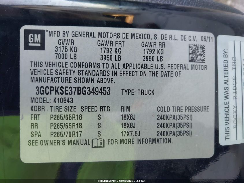 2011 Chevrolet Silverado K1500 Lt VIN: 3GCPKSE37BG349453 Lot: 43458703