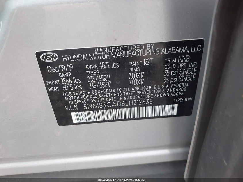 VIN 5NMS3CAD6LH212635 2020 HYUNDAI SANTA FE SEL
