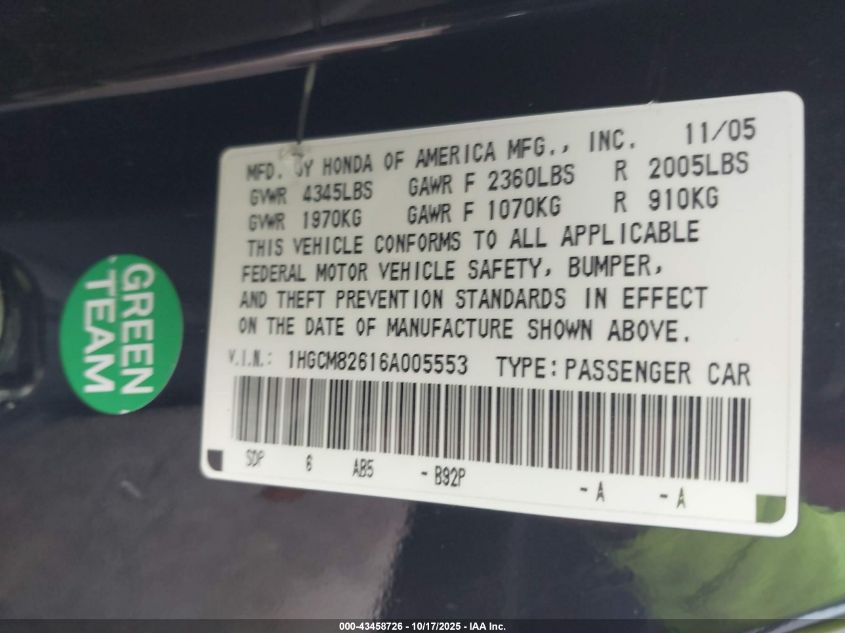 2006 Honda Accord 3.0 Ex VIN: 1HGCM82616A005553 Lot: 43458726