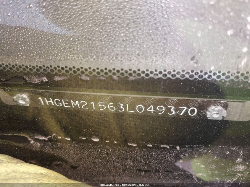 2003 Honda Civic Lx VIN: 1HGEM21563L049370 Lot: 43458749