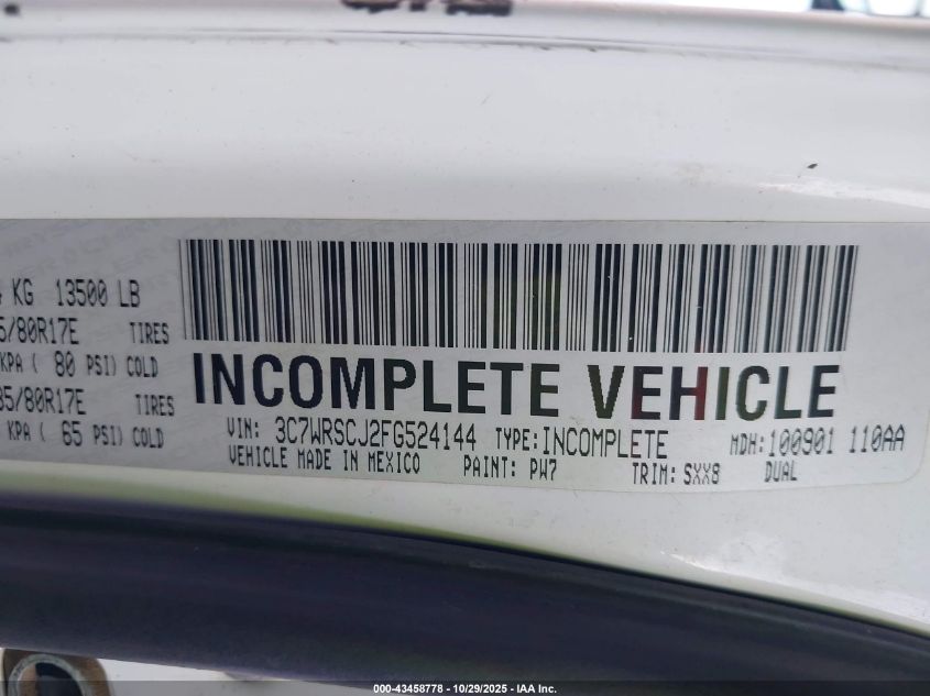 2015 Ram 3500 Chassis Tradesman/Slt/Laramie VIN: 3C7WRSCJ2FG524144 Lot: 43458778