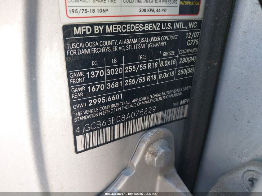 2008 Mercedes-Benz R 350 4Matic VIN: 4JGCB65E08A075829 Lot: 43458797