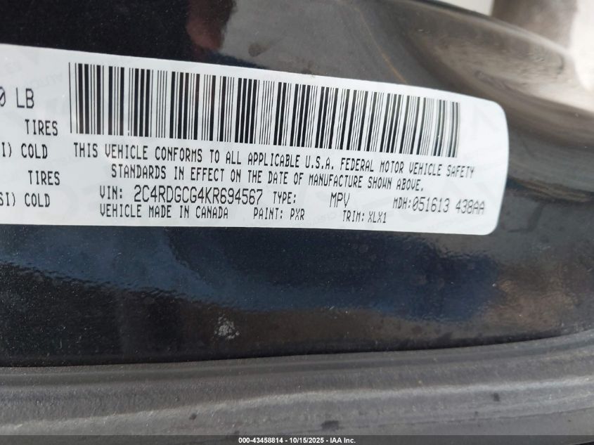 2019 Dodge Grand Caravan Sxt VIN: 2C4RDGCG4KR694567 Lot: 43458814