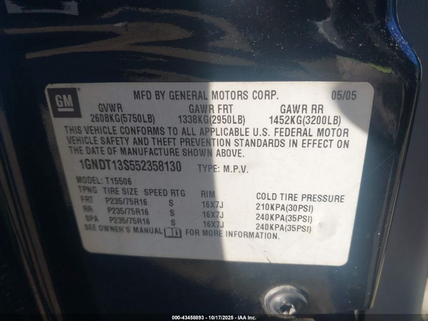 2005 Chevrolet Trailblazer Ls VIN: 1GNDT13S552358130 Lot: 43458893