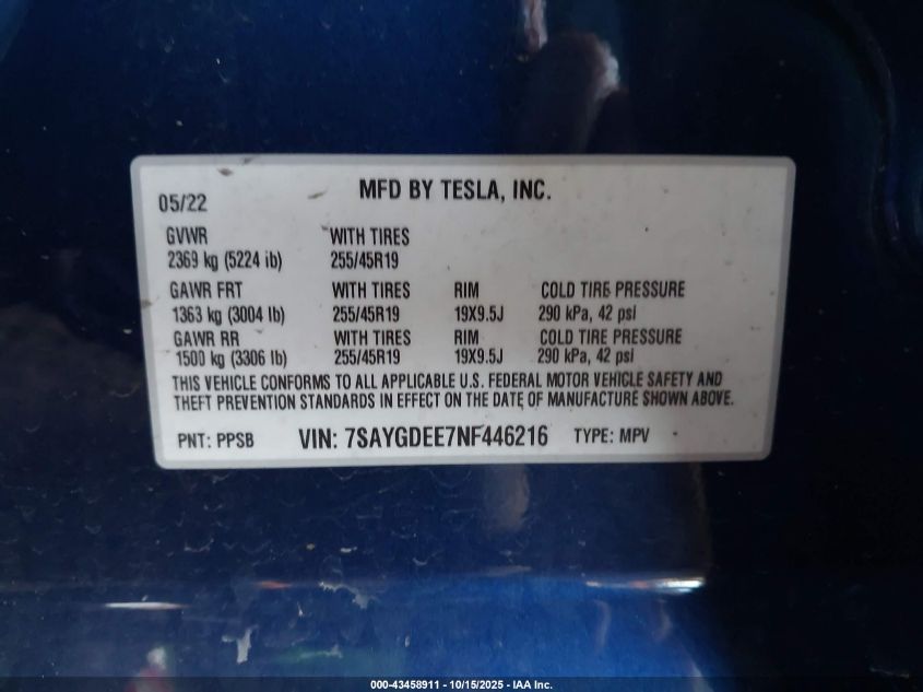 2022 Tesla Model Y Long Range Dual Motor All-Wheel Drive VIN: 7SAYGDEE7NF446216 Lot: 43458911