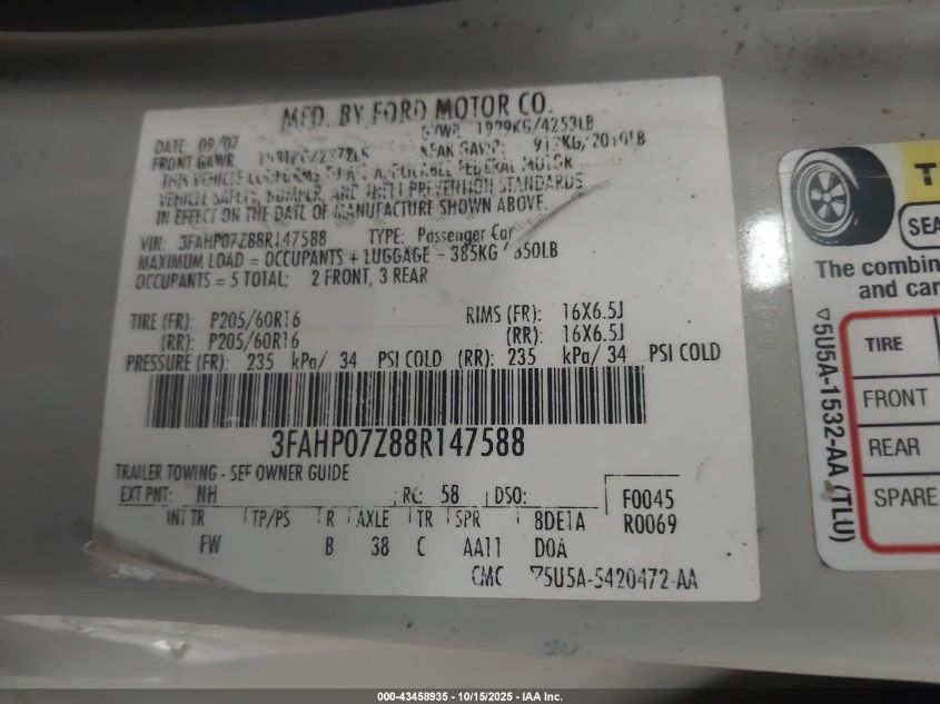 2008 Ford Fusion Se VIN: 3FAHP07Z88R147588 Lot: 43458935