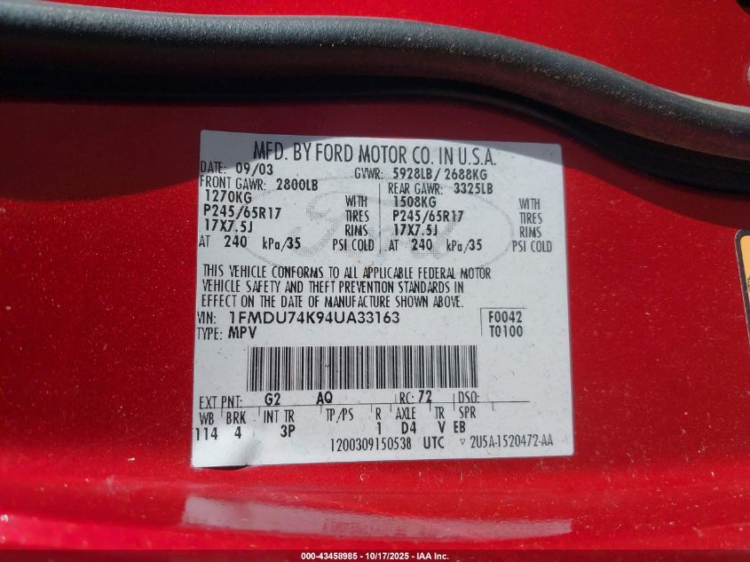 2004 Ford Explorer Eddie Bauer VIN: 1FMDU74K94UA33163 Lot: 43458985