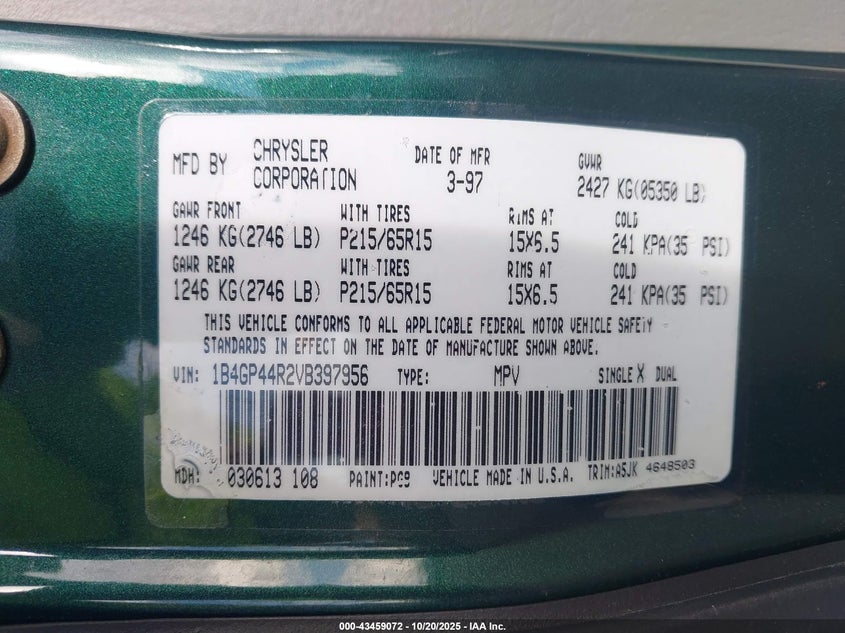 1997 Dodge Grand Caravan Se VIN: 1B4GP44R2VB397956 Lot: 43459072