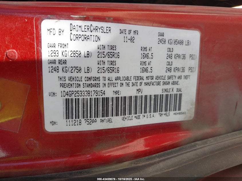 2003 Dodge Caravan Se VIN: 1D4GP25333B179154 Lot: 43459076