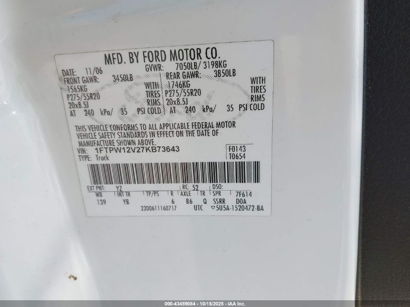 2007 Ford F-150 Fx2/Lariat/Xlt VIN: 1FTPW12V27KB73643 Lot: 43459084
