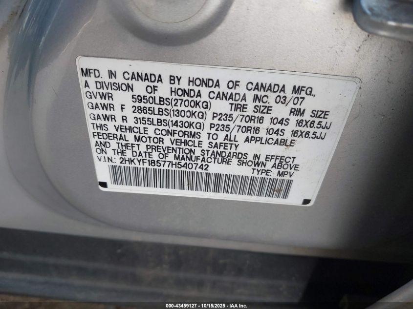 2007 Honda Pilot Ex-L VIN: 2HKYF18577H540742 Lot: 43459127