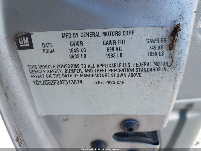 2004 Chevrolet Cavalier VIN: 1G1JC52F347313074 Lot: 43459135