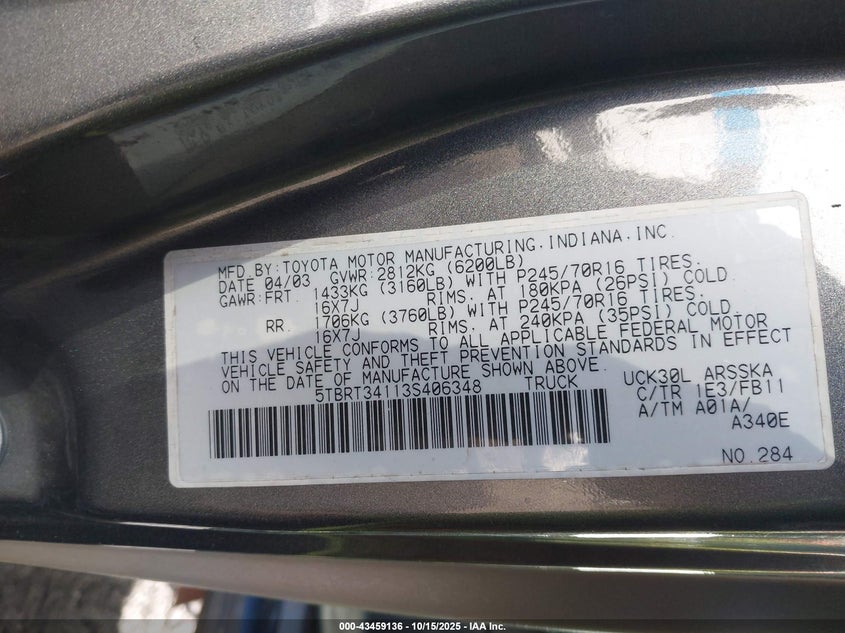 2003 Toyota Tundra Sr5 V8 VIN: 5TBRT34113S406348 Lot: 43459136