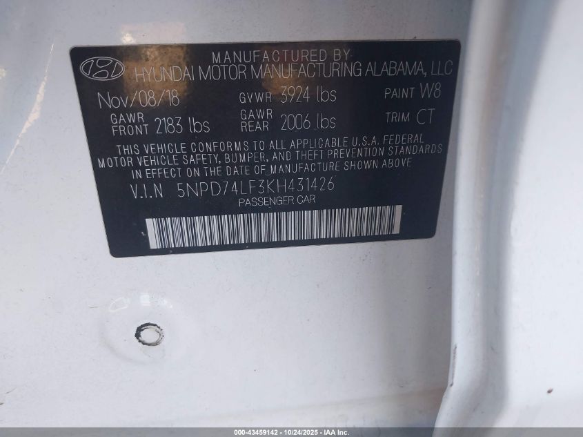 2019 Hyundai Elantra Se VIN: 5NPD74LF3KH431426 Lot: 43459142