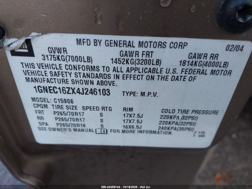 2004 Chevrolet Suburban 1500 Lt VIN: 1GNEC16ZX4J246103 Lot: 43459144