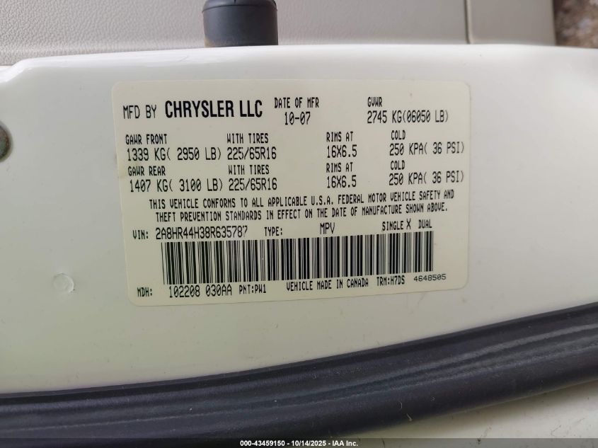 2008 Chrysler Town & Country Lx VIN: 2A8HR44H38R635787 Lot: 43459150