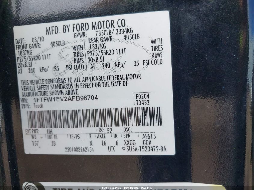 2010 Ford F-150 Fx4/Harley-Davidson/King Ranch/Lariat/Platinum/Xl/Xlt VIN: 1FTFW1EV2AFB96704 Lot: 43459155
