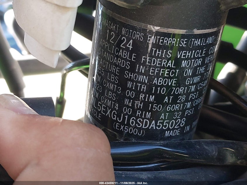 2025 Kawasaki Ex500 A/B VIN: ML5EXGJ16SDA55028 Lot: 43459211