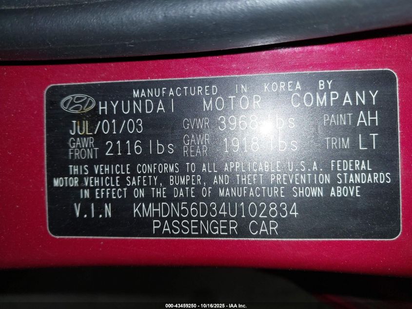 2004 Hyundai Elantra Gt VIN: KMHDN56D34U102834 Lot: 43459250