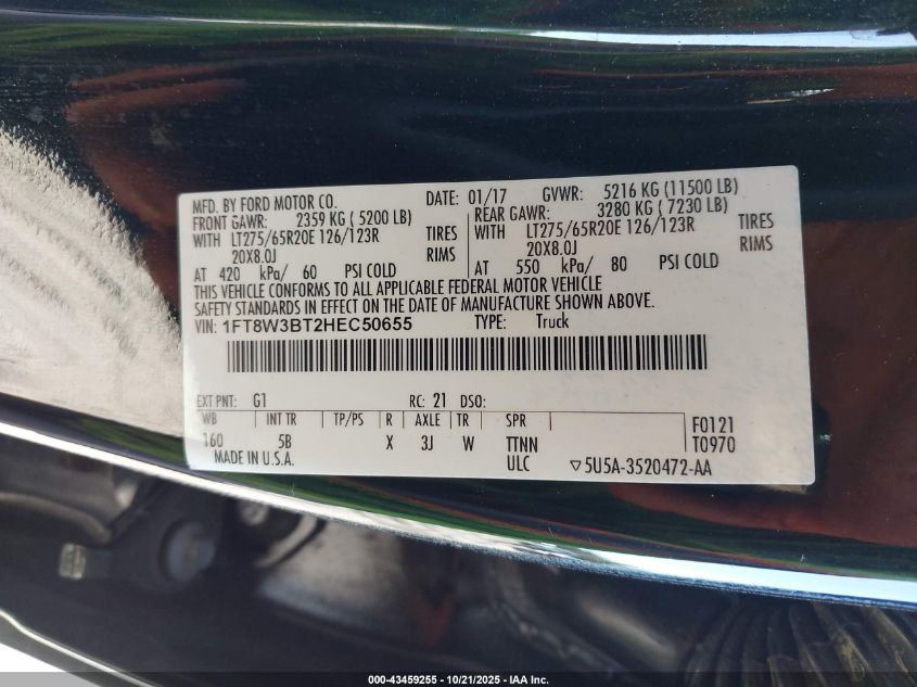 2017 Ford F-350 Lariat VIN: 1FT8W3BT2HEC50655 Lot: 43459255