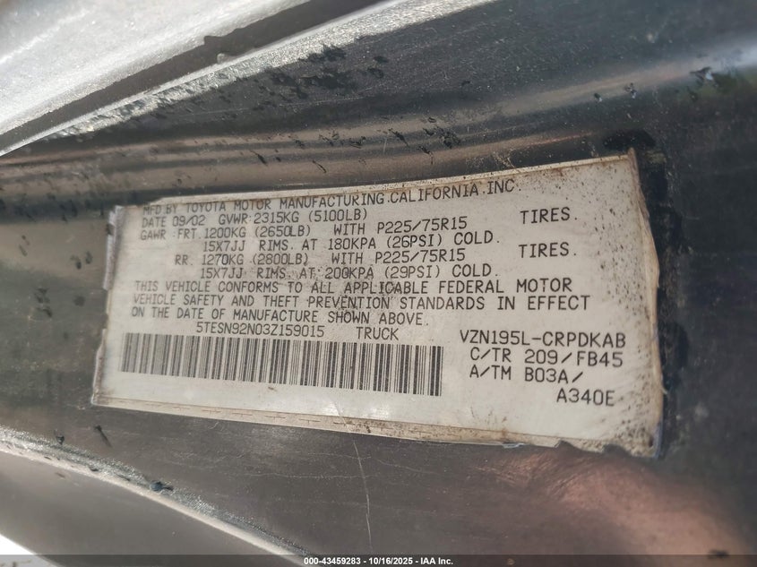 5TESN92N03Z159015 2003 TOYOTA TACOMA photo no. 9