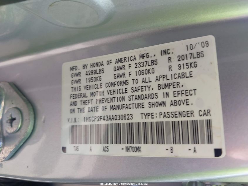 2010 Honda Accord 2.4 Lx-P VIN: 1HGCP2F43AA030623 Lot: 43459323