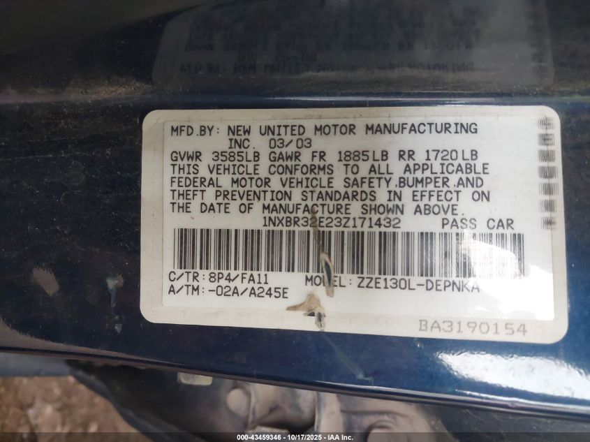 2003 Toyota Corolla Le VIN: 1NXBR32E23Z171432 Lot: 43459346