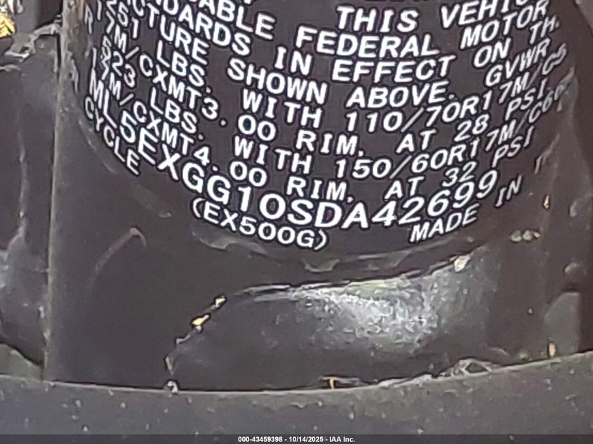 2025 Kawasaki Ex500 VIN: ML5EXGG10SDA42699 Lot: 43459398