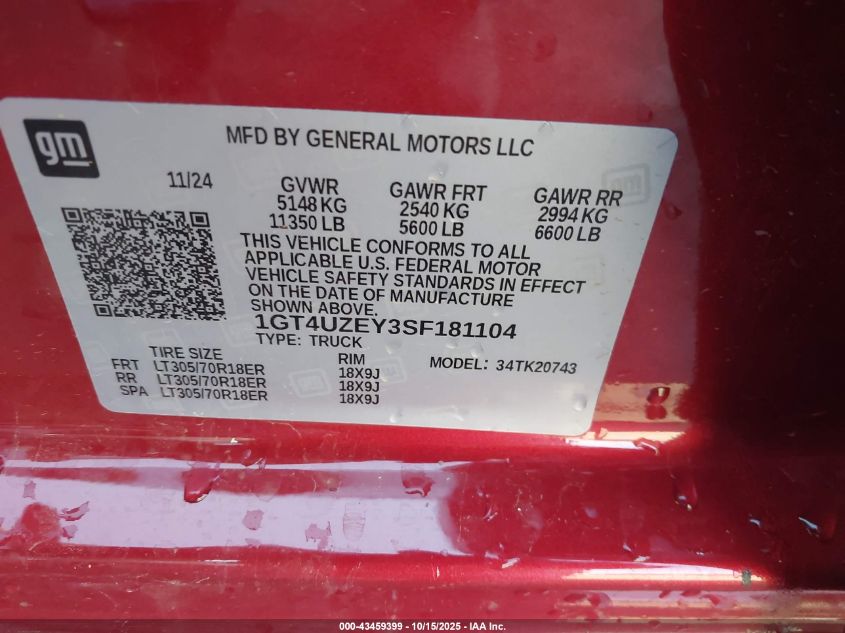 2025 GMC Sierra 2500Hd 4Wd Standard Bed At4X VIN: 1GT4UZEY3SF181104 Lot: 43459399