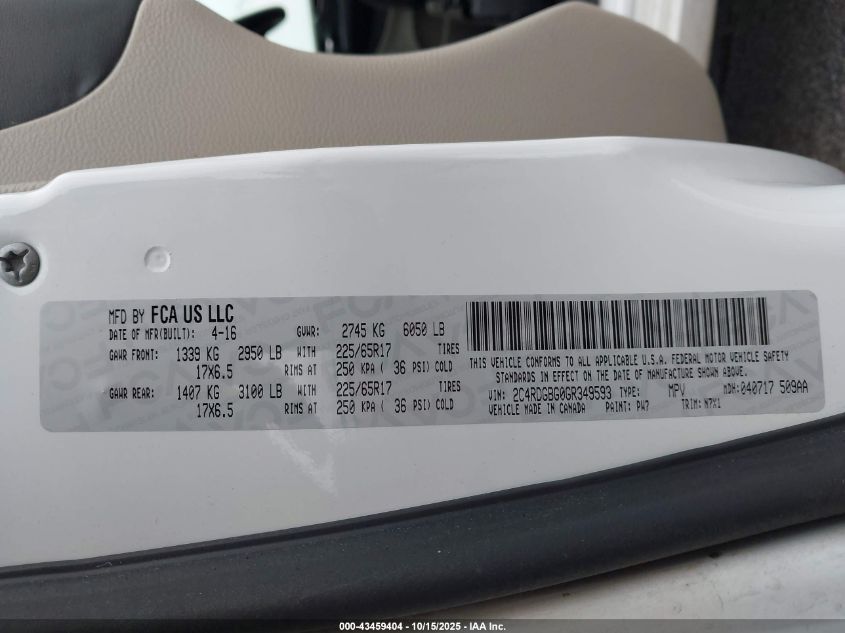 2016 Dodge Grand Caravan Se Plus VIN: 2C4RDGBG0GR349593 Lot: 43459404