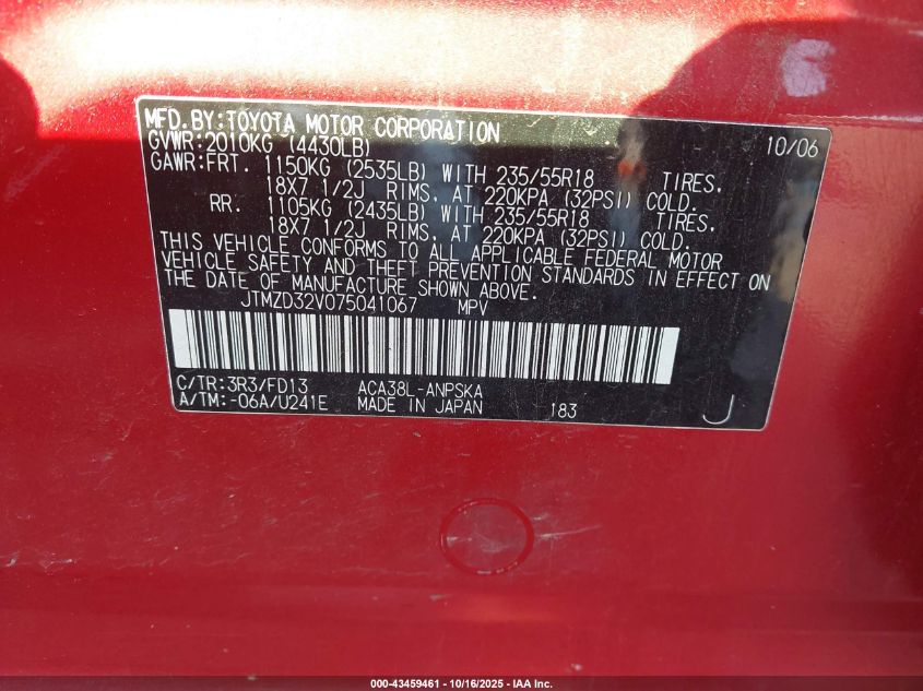 2007 Toyota Rav4 Sport VIN: JTMZD32V075041067 Lot: 43459461