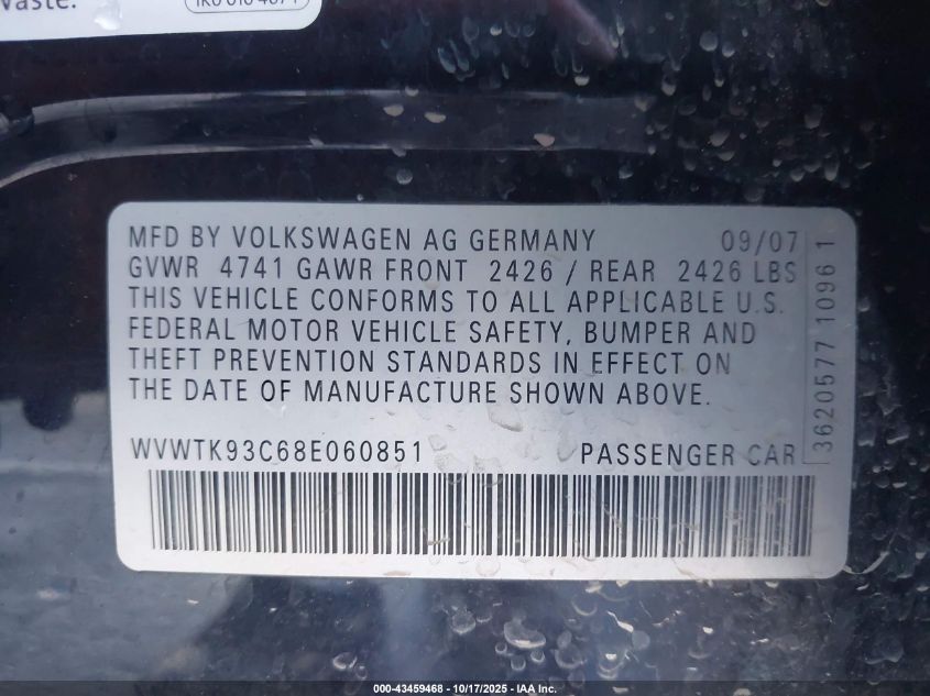 2008 Volkswagen Passat Lux VIN: WVWTK93C68E060851 Lot: 43459468