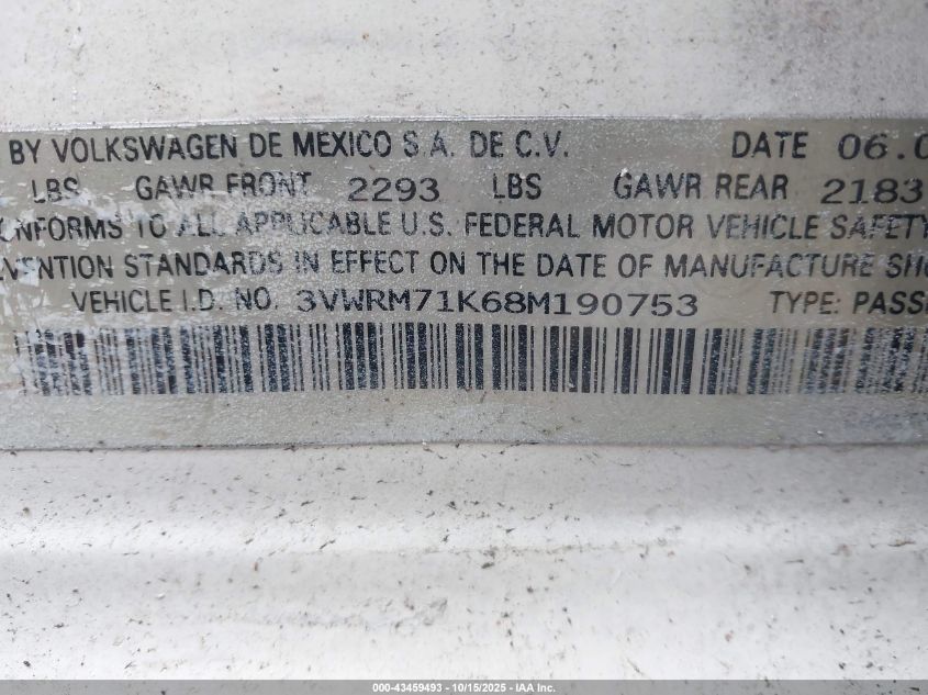2008 Volkswagen Jetta Se/Sel VIN: 3VWRM71K68M190753 Lot: 43459493